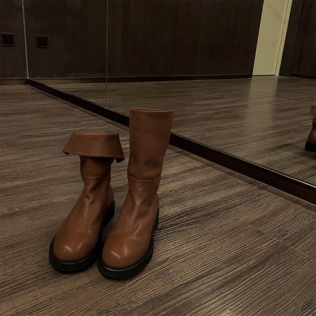 Boots Genuine Mid-Calf Leather Plain Platform