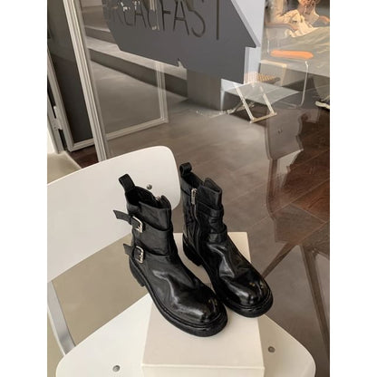Leather Short Plain Buckled Boots Platform Genuine