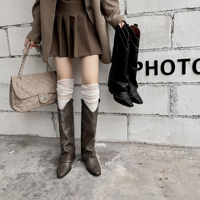 Tall Leather Cowboy Studded Plain Heel Chunky Boots Genuine