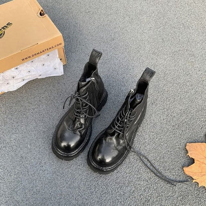 Plain Leather Platform Lace-Up Boots Genuine Short