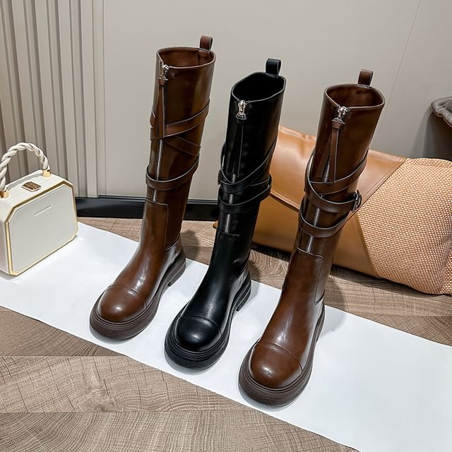 Buckled Boots Plain Zip-Up Leather Faux Tall Platform