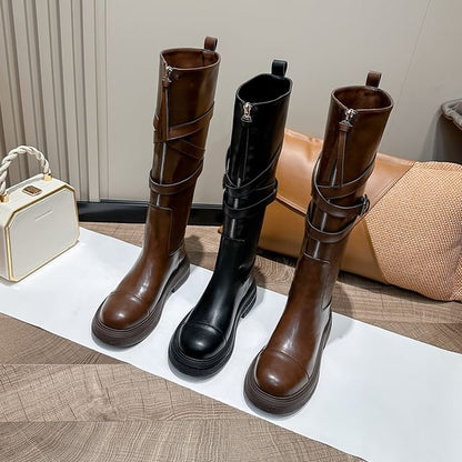 Buckled Boots Plain Zip-Up Leather Faux Tall Platform