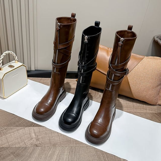 Buckled Boots Plain Zip-Up Leather Faux Tall Platform
