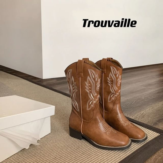 Cowboy Embroidered Leather Faux Chunky Mid-Calf Heel Boots