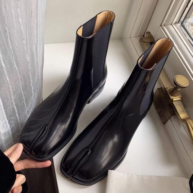 Leather Genuine Short Boots Plain Chelsea Heel Chunky Toe Split