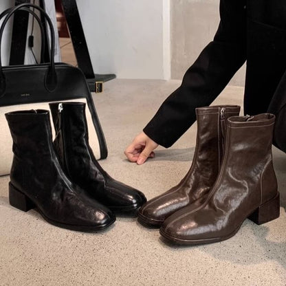 Chunky Heel Short Leather Plain Genuine Zip-Up Boots
