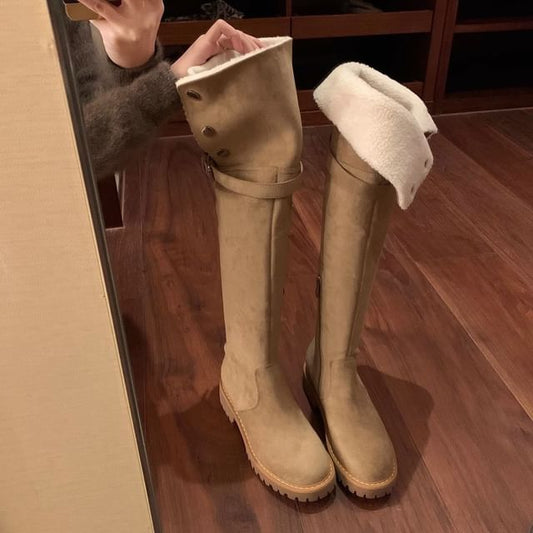 Plain Over-the-Knee Platform Buckled Boots