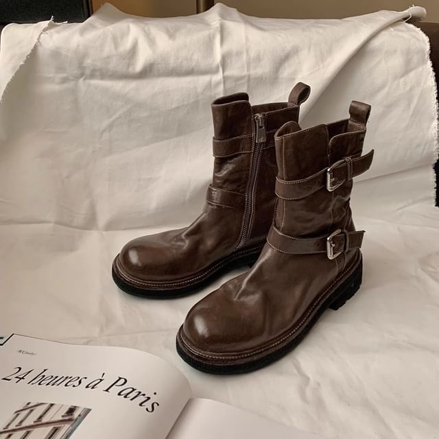 Leather Short Plain Buckled Boots Platform Genuine