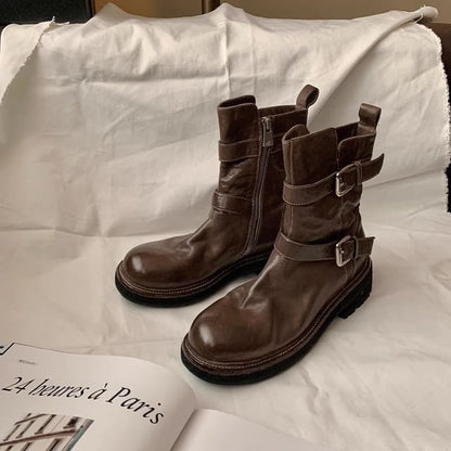 Leather Short Plain Buckled Boots Platform Genuine