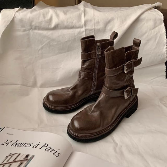 Leather Short Plain Buckled Boots Platform Genuine