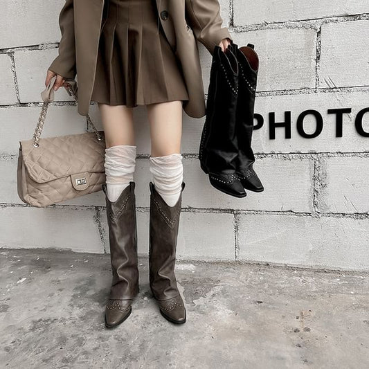 Tall Leather Cowboy Studded Plain Heel Chunky Boots Genuine