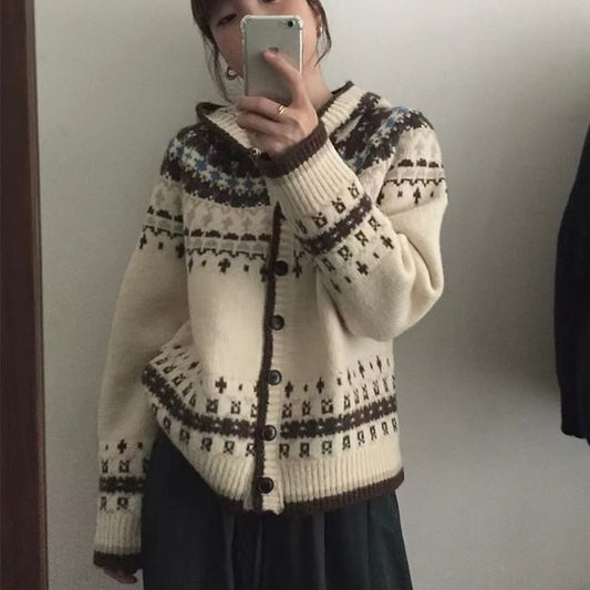 Patterned Hooded Cardigan