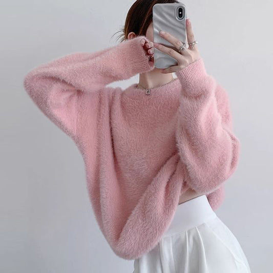 Round Neck Plain Fluffy Sweater