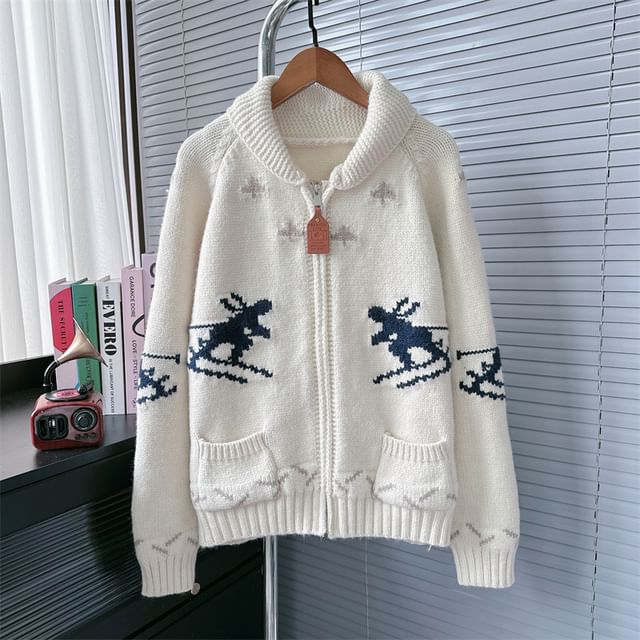 Deer Print Hooded Zip Cardigan