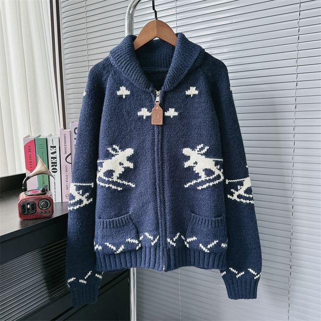 Deer Print Hooded Zip Cardigan