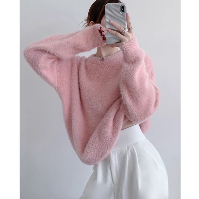 Round Neck Plain Fluffy Sweater