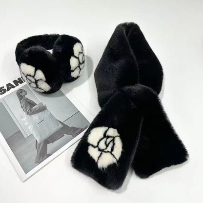 Set Bow Fluffy / Muffs Ear Print Scarf Floral