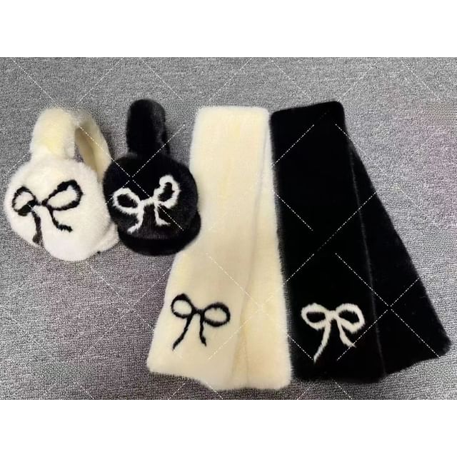 Set Bow Fluffy / Muffs Ear Print Scarf Floral
