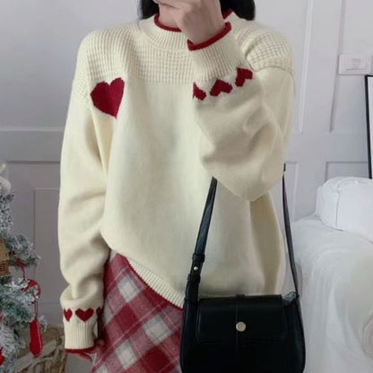 Contrasted Heart-Print Loose Sweater