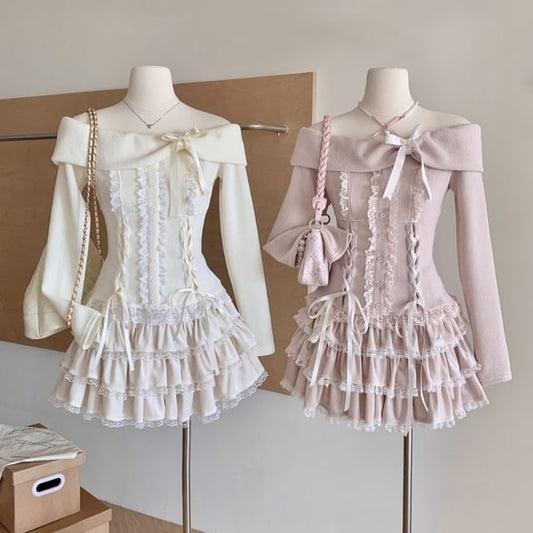 High Set: Up Shoulder Waist Sleeve Lace Tiered A-Line Top Mini + Long Skirt Bow Ruffle Off Plain