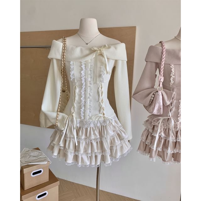 High Set: Up Shoulder Waist Sleeve Lace Tiered A-Line Top Mini + Long Skirt Bow Ruffle Off Plain