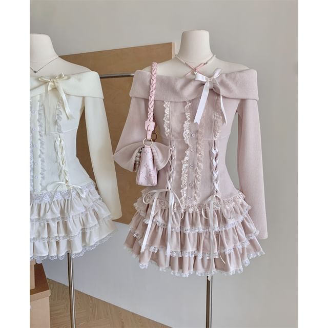 High Set: Up Shoulder Waist Sleeve Lace Tiered A-Line Top Mini + Long Skirt Bow Ruffle Off Plain