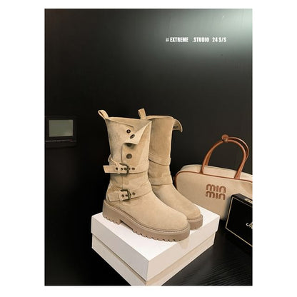 Platform Boots Buckled Button Calf Mid