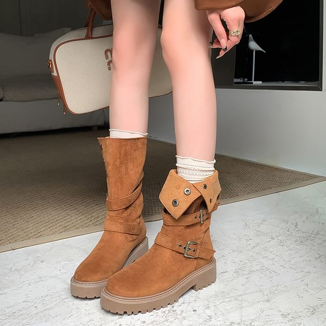 Platform Boots Buckled Button Calf Mid