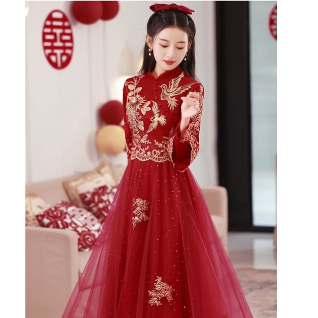 Embroidered Sleeve Wedding Long Cheongsam Dress