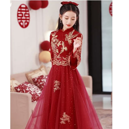 Embroidered Sleeve Wedding Long Cheongsam Dress