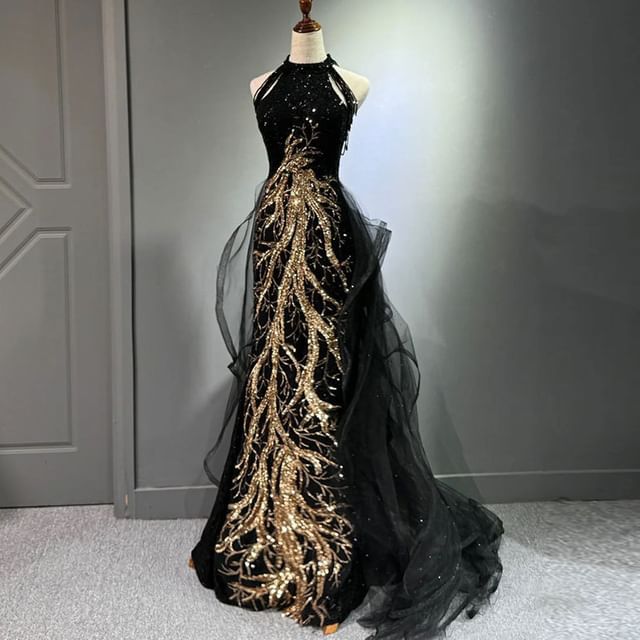 Embroidered Halter Sleeveless Evening Sequined Neck Gown Maxi