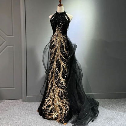 Embroidered Halter Sleeveless Evening Sequined Neck Gown Maxi