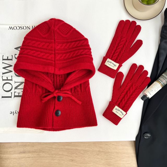 Knit Gloves Plain Set Balaclava /