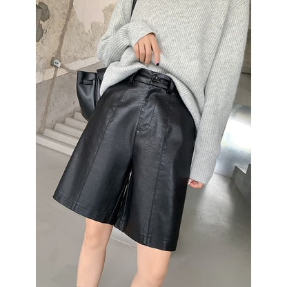 High Waist Plain Faux Leather Shorts