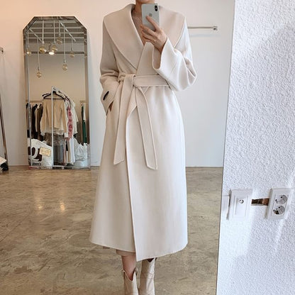 Collared Plain Midi Tie Front Coat