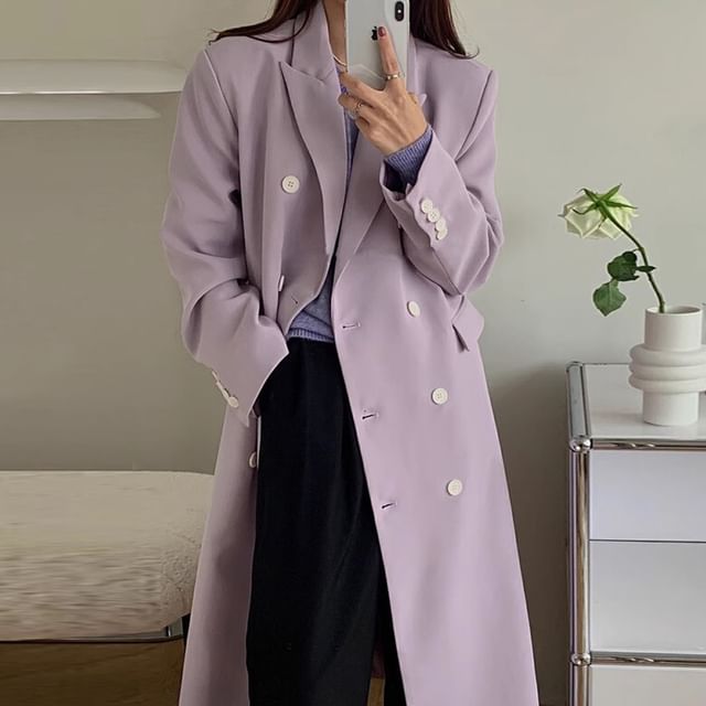 Peak Lapel Plain Midi Double Breasted Coat