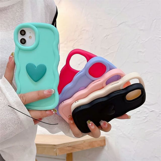 Heart Applique Wavy Frame Phone Case For iPhone 16, 16 Plus, 16 Pro, 16 Pro Max, 15, 15 Pro, 15 Pro Max, 14, 14 Plus, 14 Pro, 14 Pro Max, 13, 13 Pro, 13 Pro Max