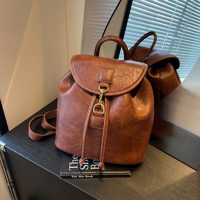 Plain Leather Backpack Flap Faux