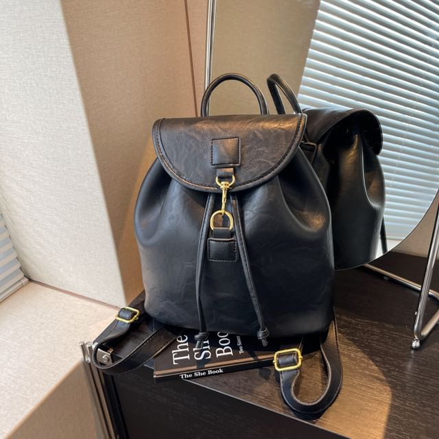 Plain Leather Backpack Flap Faux