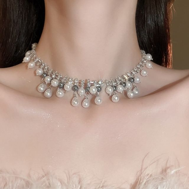Faux Necklace Rhinestone Pearl Fringed