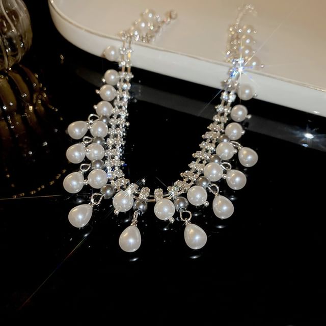 Faux Necklace Rhinestone Pearl Fringed