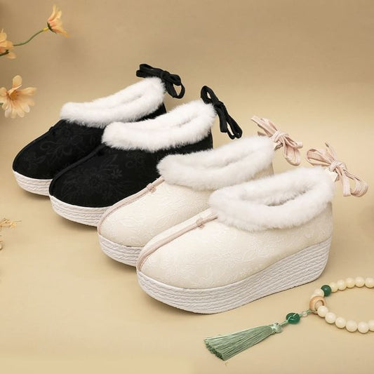 Platform Pumps Heel Bow Wedge Fleece-Lined