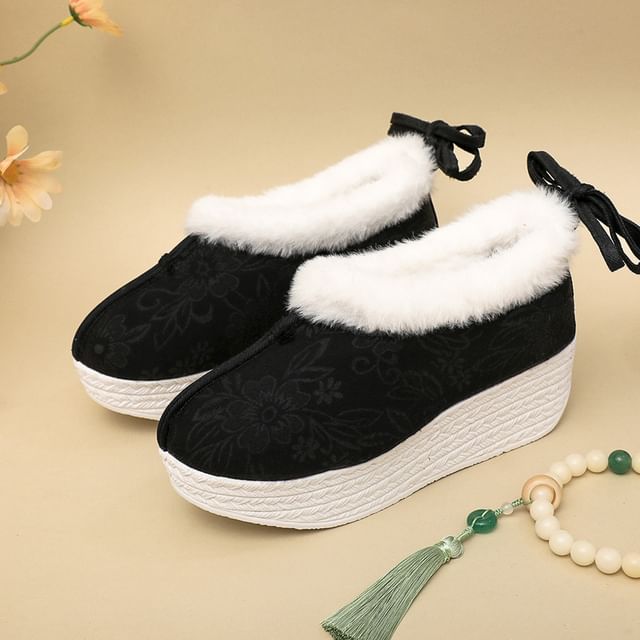 Platform Pumps Heel Bow Wedge Fleece-Lined