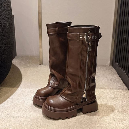 Knee Boots Buckled High Platform Zip Panel