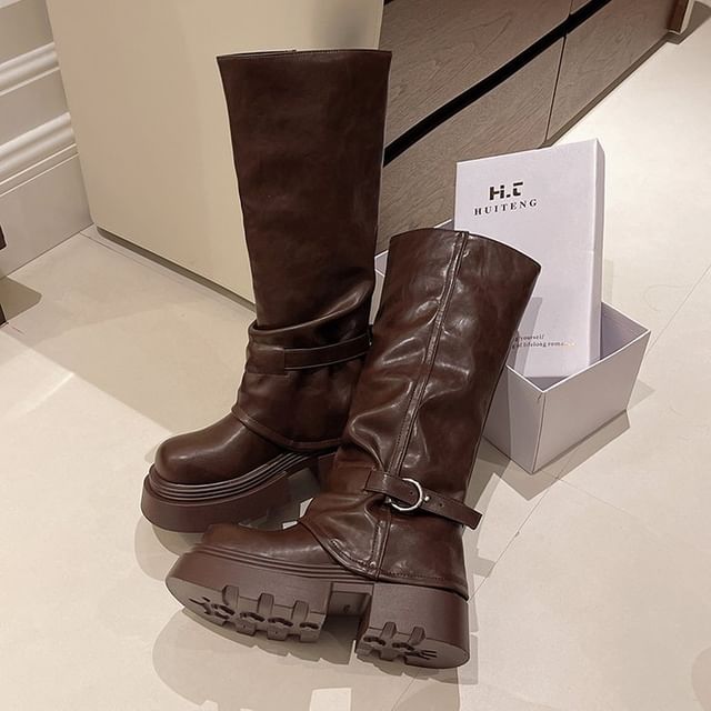 High Knee Panel Boots Buckled Platform