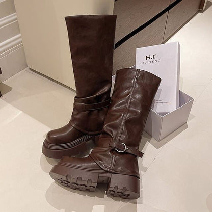 High Knee Panel Boots Buckled Platform