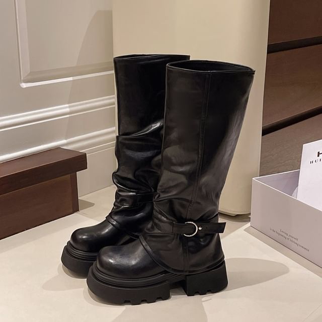 High Knee Panel Boots Buckled Platform