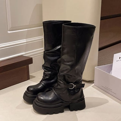 High Knee Panel Boots Buckled Platform
