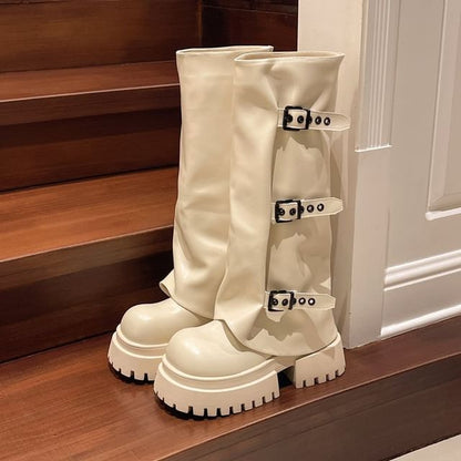 Platform Boots Buckled Panel High Knee