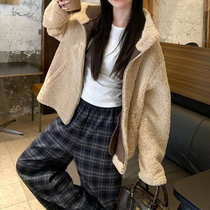 Hooded Plain Fleece Zip Up Jacket / Mid Waist Plaid Wide Leg Pants